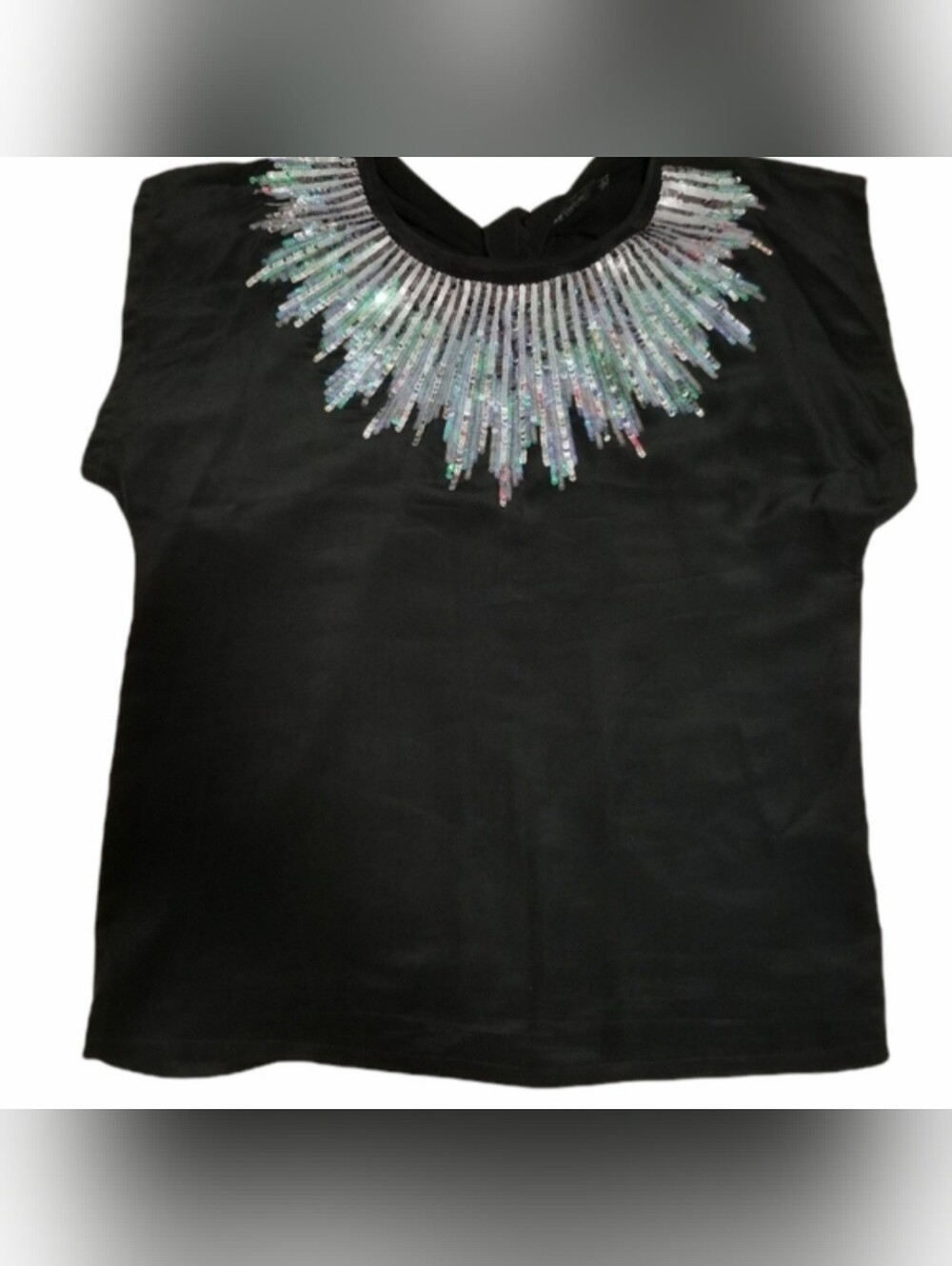 MM Couture by Miss Me 100% Silk Black Sequined Neckline Short Sleeve Top Blouse
